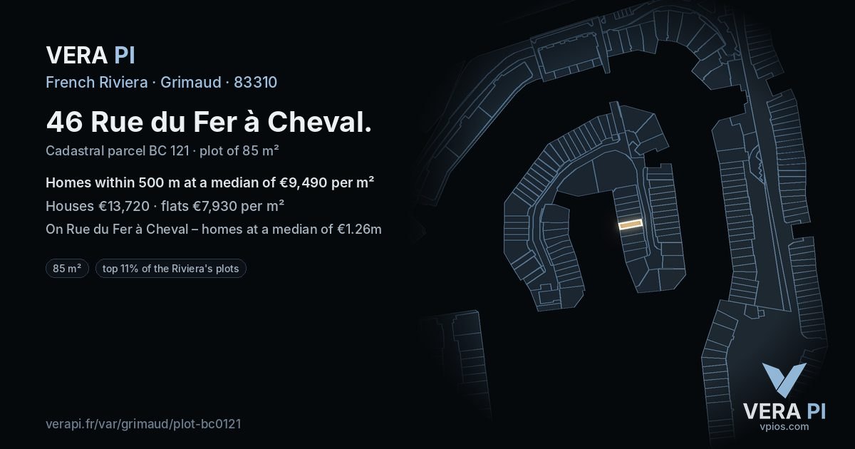 46 Rue du Fer à Cheval, Grimaud at night – the plot lit, the parcels around coloured by the prices near them