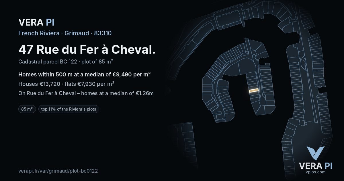 47 Rue du Fer à Cheval, Grimaud at night – the plot lit, the parcels around coloured by the prices near them