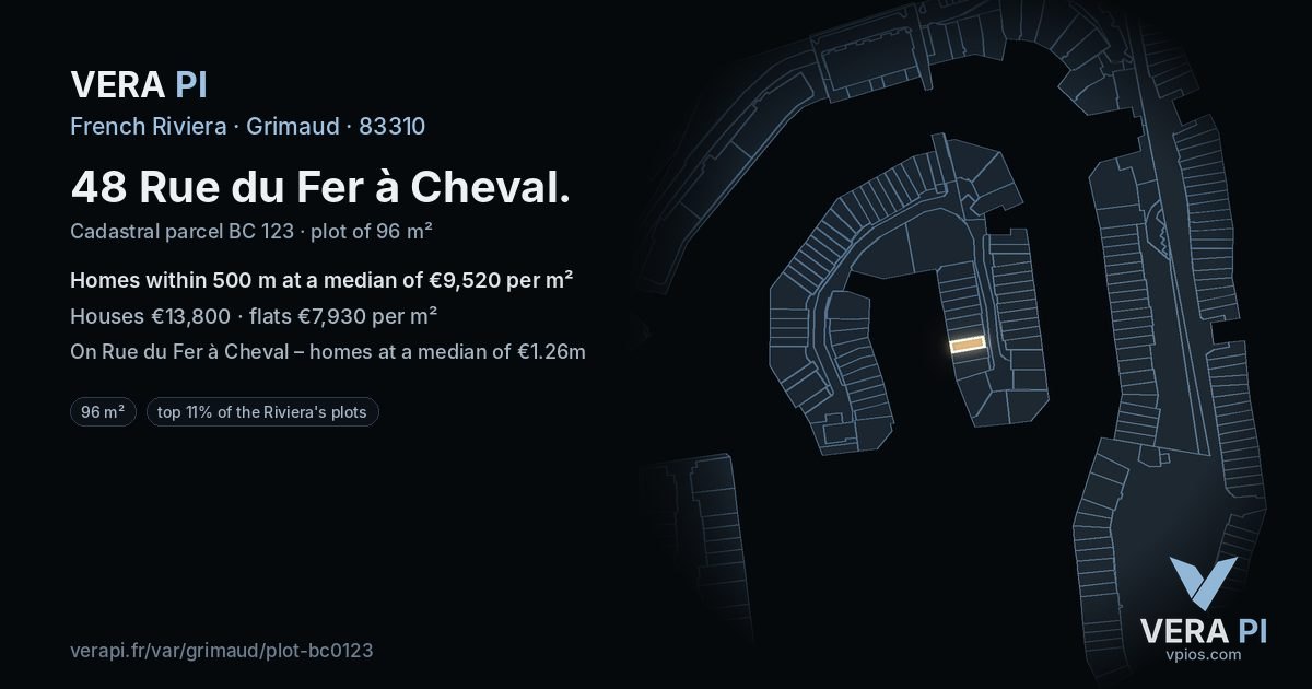 48 Rue du Fer à Cheval, Grimaud at night – the plot lit, the parcels around coloured by the prices near them