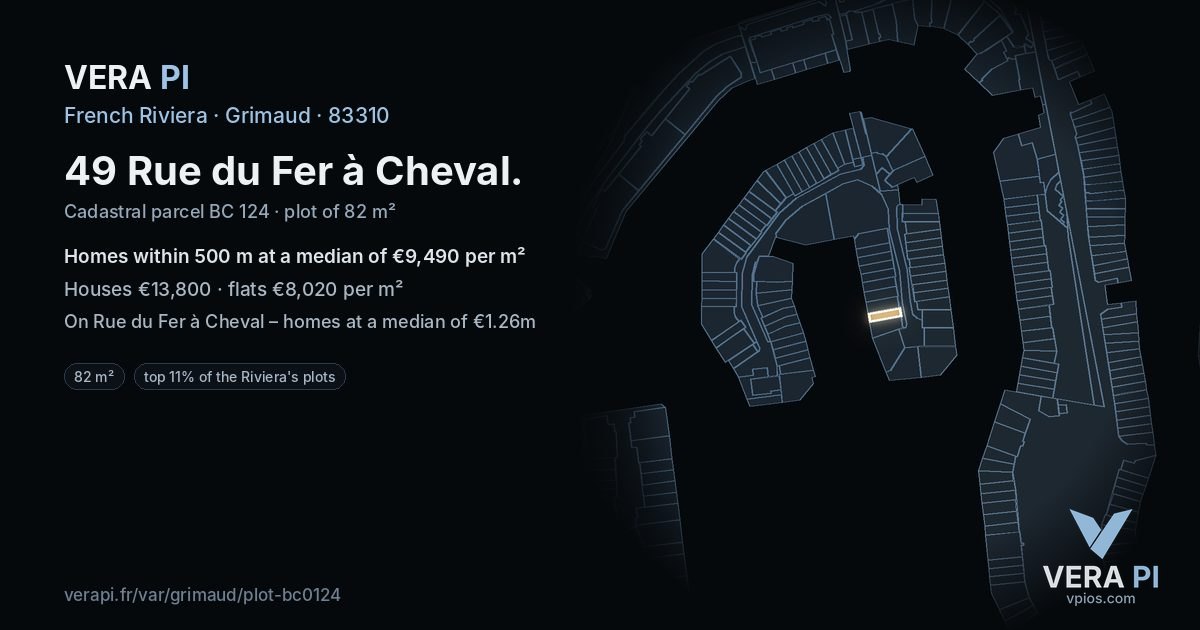 49 Rue du Fer à Cheval, Grimaud at night – the plot lit, the parcels around coloured by the prices near them