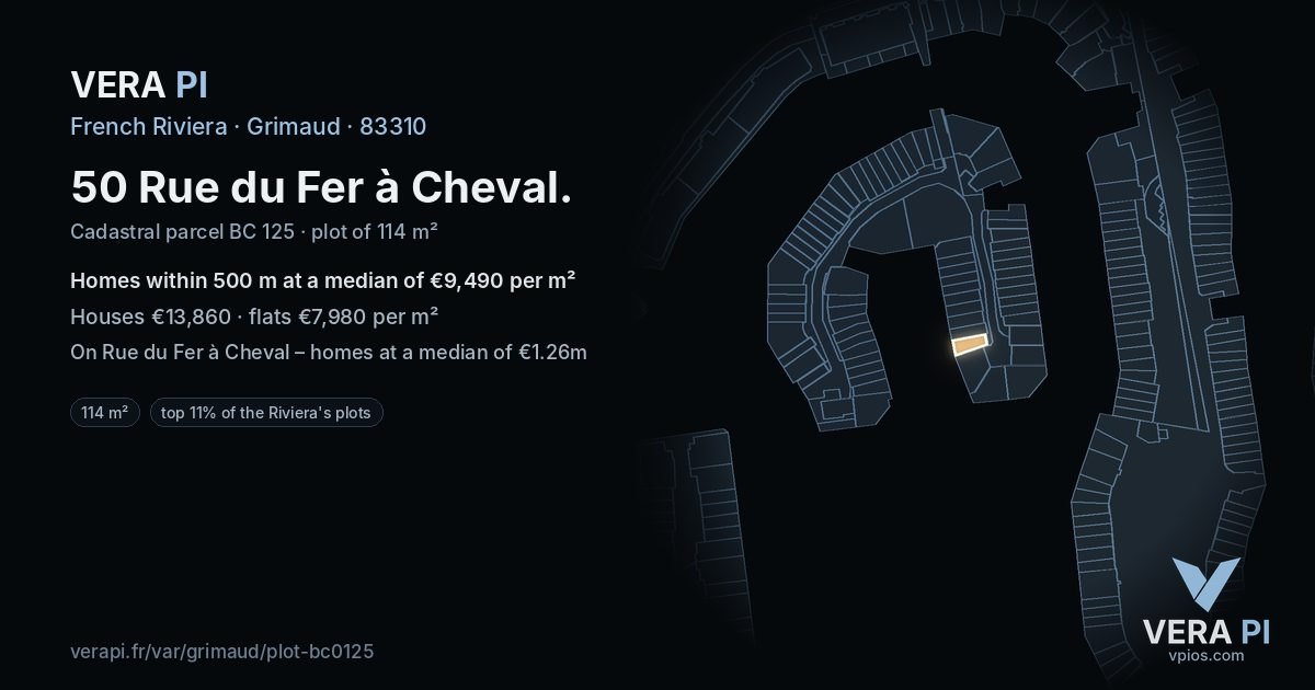 50 Rue du Fer à Cheval, Grimaud at night – the plot lit, the parcels around coloured by the prices near them