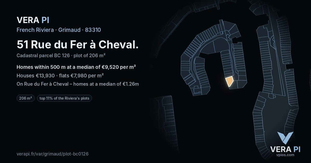 51 Rue du Fer à Cheval, Grimaud at night – the plot lit, the parcels around coloured by the prices near them