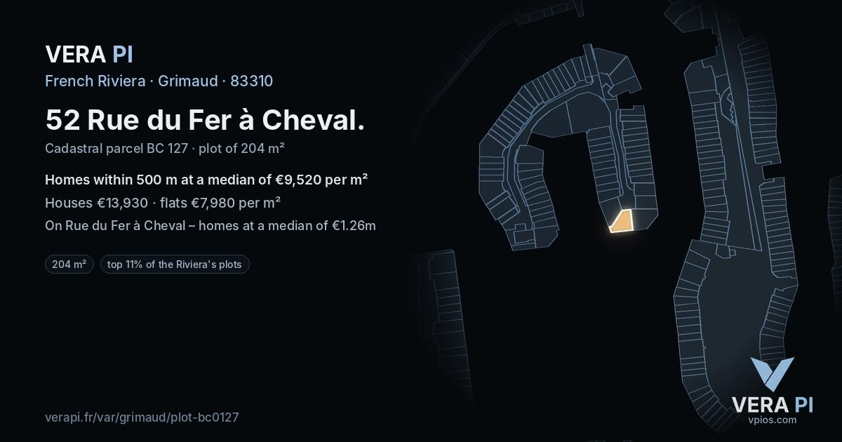 52 Rue du Fer à Cheval, Grimaud at night – the plot lit, the parcels around coloured by the prices near them