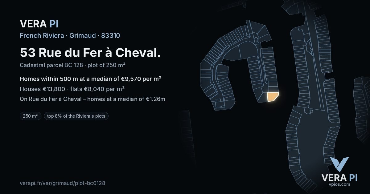 53 Rue du Fer à Cheval, Grimaud at night – the plot lit, the parcels around coloured by the prices near them