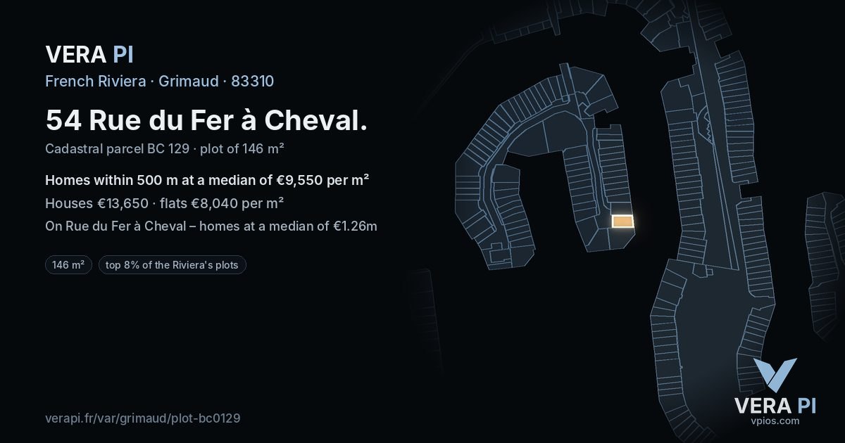 54 Rue du Fer à Cheval, Grimaud at night – the plot lit, the parcels around coloured by the prices near them