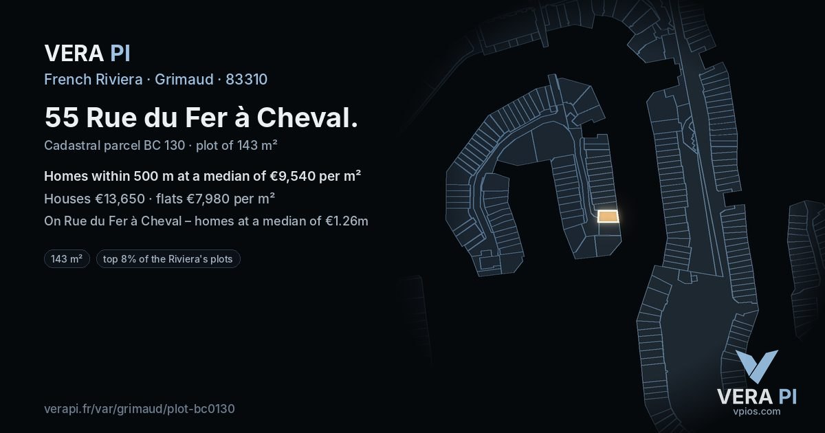 55 Rue du Fer à Cheval, Grimaud at night – the plot lit, the parcels around coloured by the prices near them