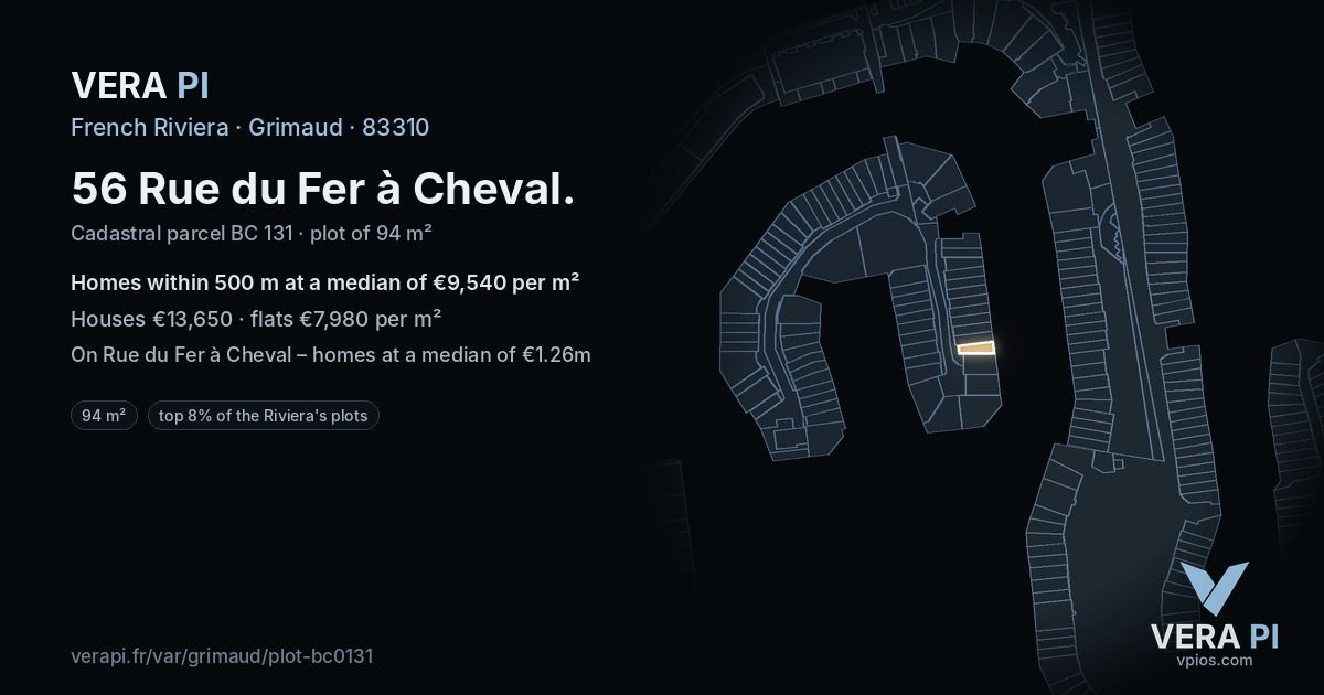 56 Rue du Fer à Cheval, Grimaud at night – the plot lit, the parcels around coloured by the prices near them