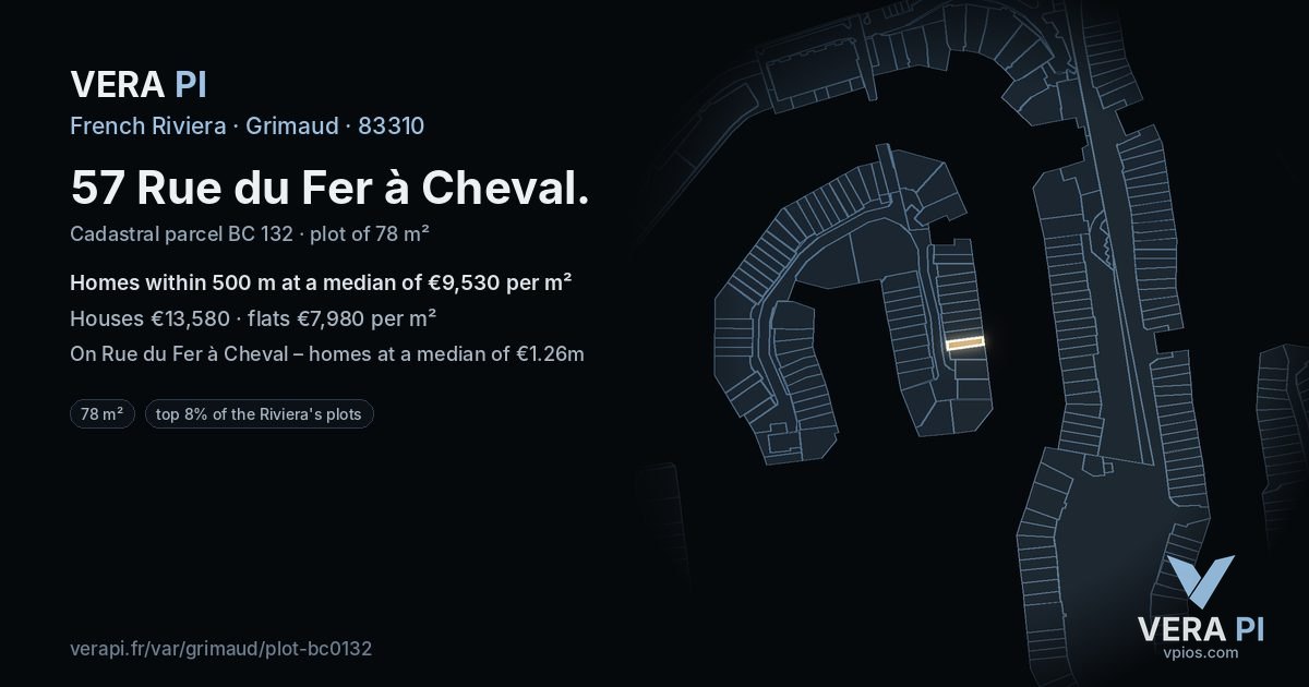 57 Rue du Fer à Cheval, Grimaud at night – the plot lit, the parcels around coloured by the prices near them