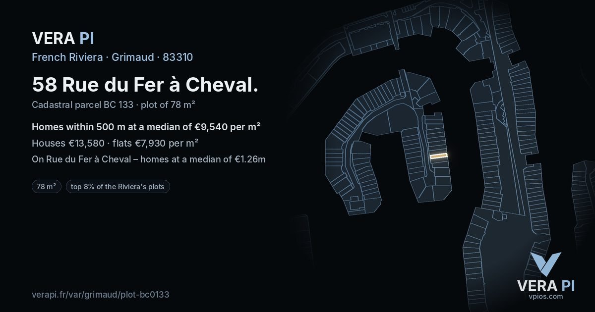 58 Rue du Fer à Cheval, Grimaud at night – the plot lit, the parcels around coloured by the prices near them