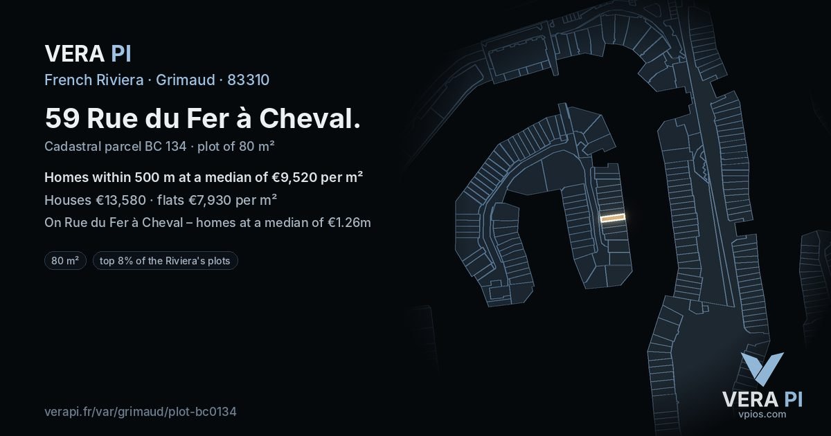 59 Rue du Fer à Cheval, Grimaud at night – the plot lit, the parcels around coloured by the prices near them