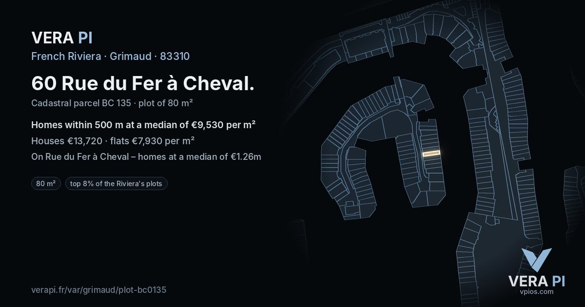 60 Rue du Fer à Cheval, Grimaud at night – the plot lit, the parcels around coloured by the prices near them