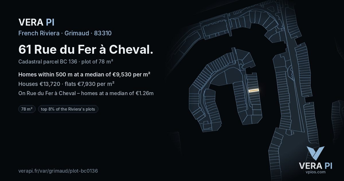61 Rue du Fer à Cheval, Grimaud at night – the plot lit, the parcels around coloured by the prices near them