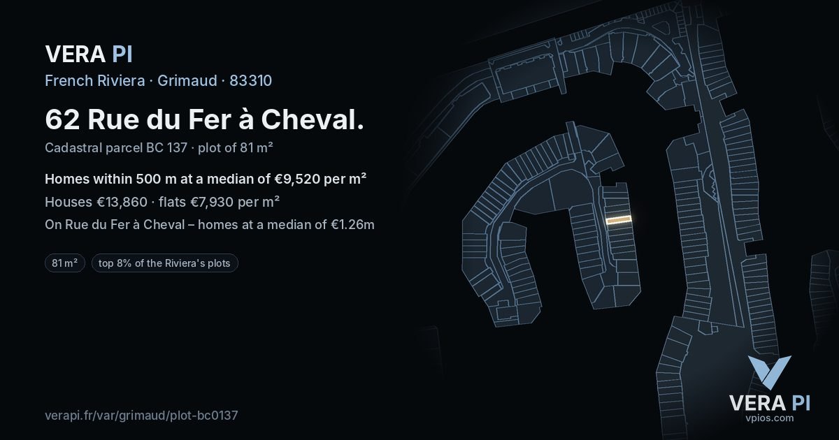 62 Rue du Fer à Cheval, Grimaud at night – the plot lit, the parcels around coloured by the prices near them