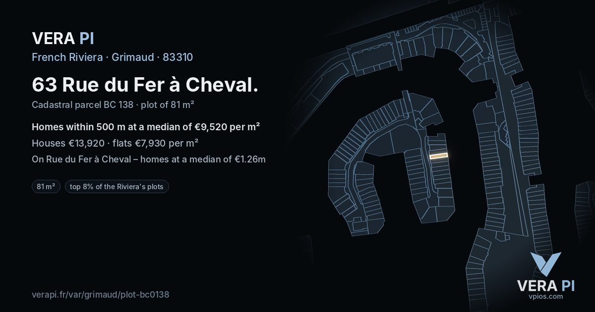 63 Rue du Fer à Cheval, Grimaud at night – the plot lit, the parcels around coloured by the prices near them