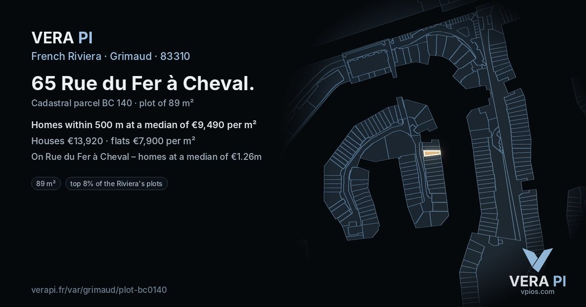 65 Rue du Fer à Cheval, Grimaud at night – the plot lit, the parcels around coloured by the prices near them