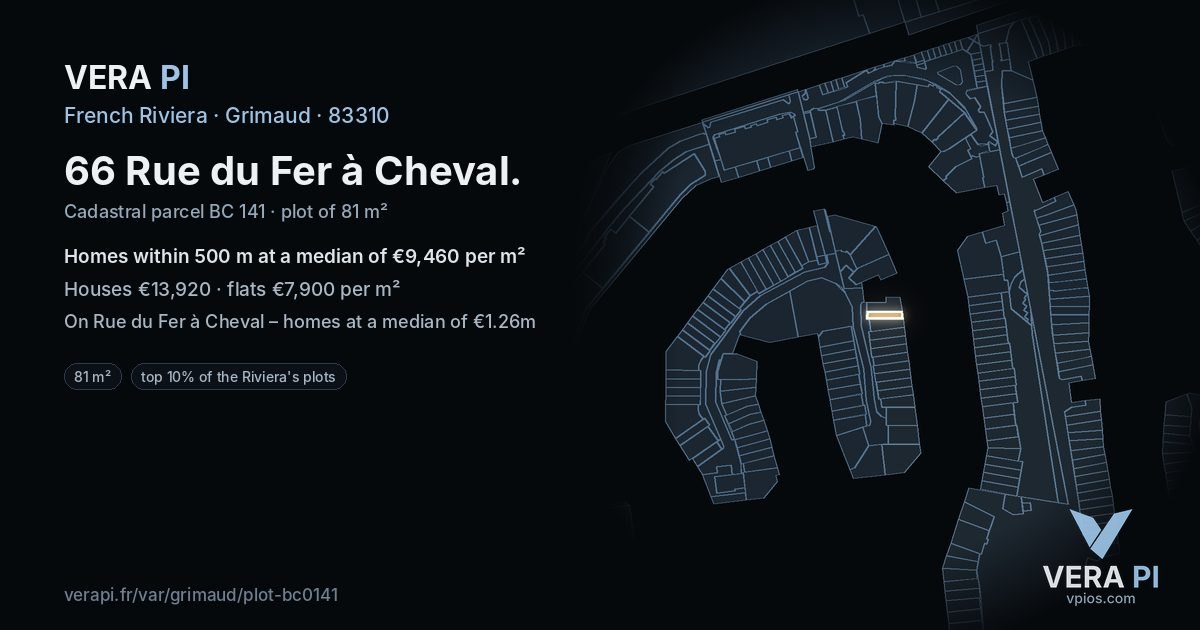 66 Rue du Fer à Cheval, Grimaud at night – the plot lit, the parcels around coloured by the prices near them