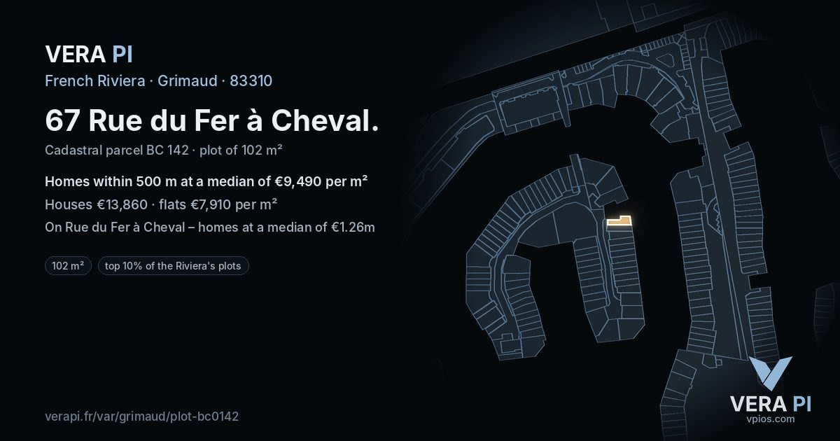 67 Rue du Fer à Cheval, Grimaud at night – the plot lit, the parcels around coloured by the prices near them