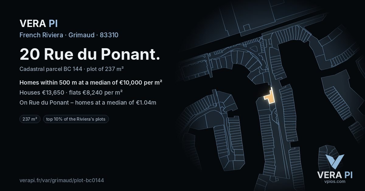 20 Rue du Ponant, Grimaud at night – the plot lit, the parcels around coloured by the prices near them