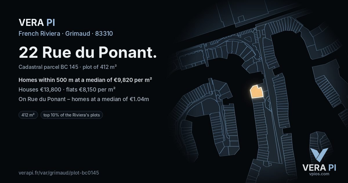 22 Rue du Ponant, Grimaud at night – the plot lit, the parcels around coloured by the prices near them