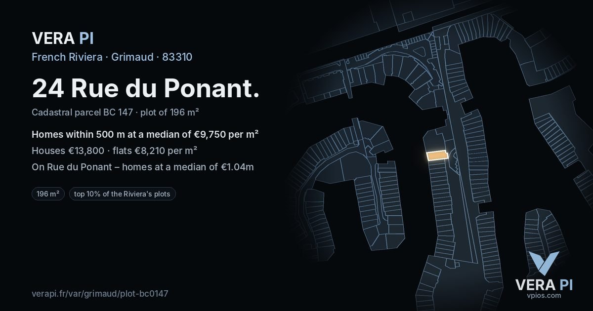 24 Rue du Ponant, Grimaud at night – the plot lit, the parcels around coloured by the prices near them
