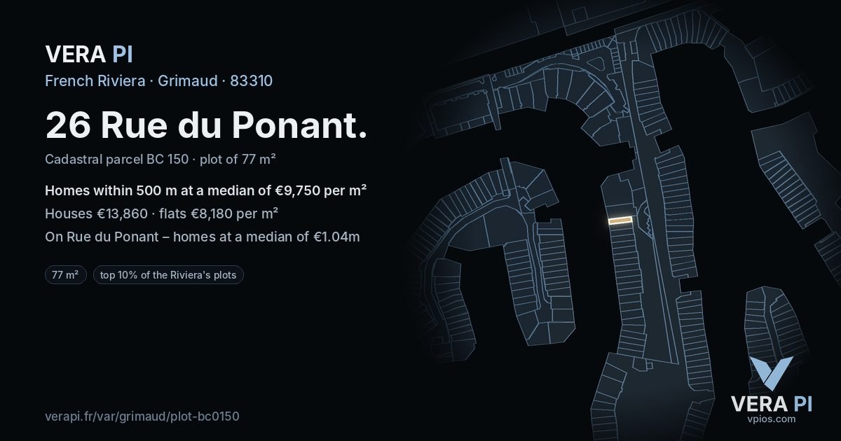 26 Rue du Ponant, Grimaud at night – the plot lit, the parcels around coloured by the prices near them