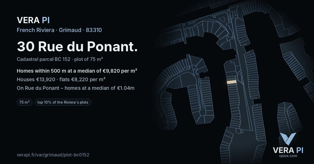 30 Rue du Ponant, Grimaud at night – the plot lit, the parcels around coloured by the prices near them