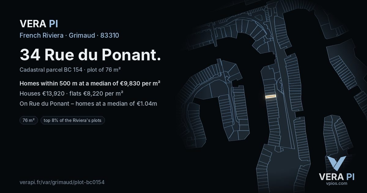 34 Rue du Ponant, Grimaud at night – the plot lit, the parcels around coloured by the prices near them