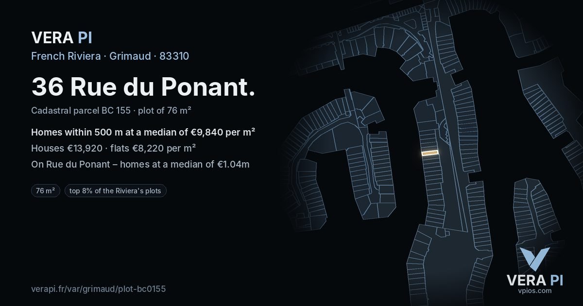 36 Rue du Ponant, Grimaud at night – the plot lit, the parcels around coloured by the prices near them