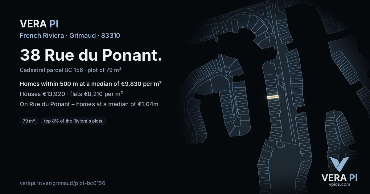 38 Rue du Ponant, Grimaud at night – the plot lit, the parcels around coloured by the prices near them