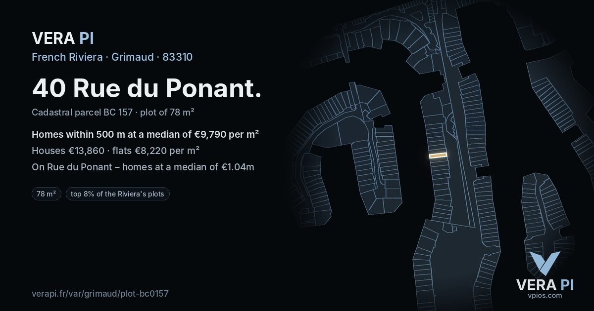 40 Rue du Ponant, Grimaud at night – the plot lit, the parcels around coloured by the prices near them