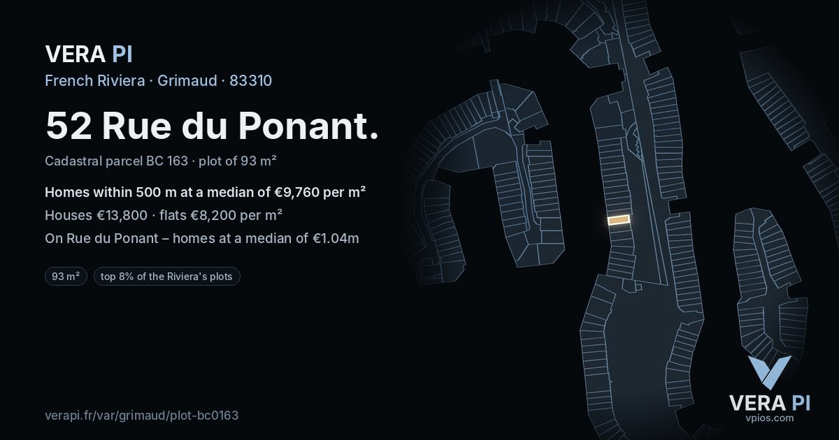 52 Rue du Ponant, Grimaud at night – the plot lit, the parcels around coloured by the prices near them