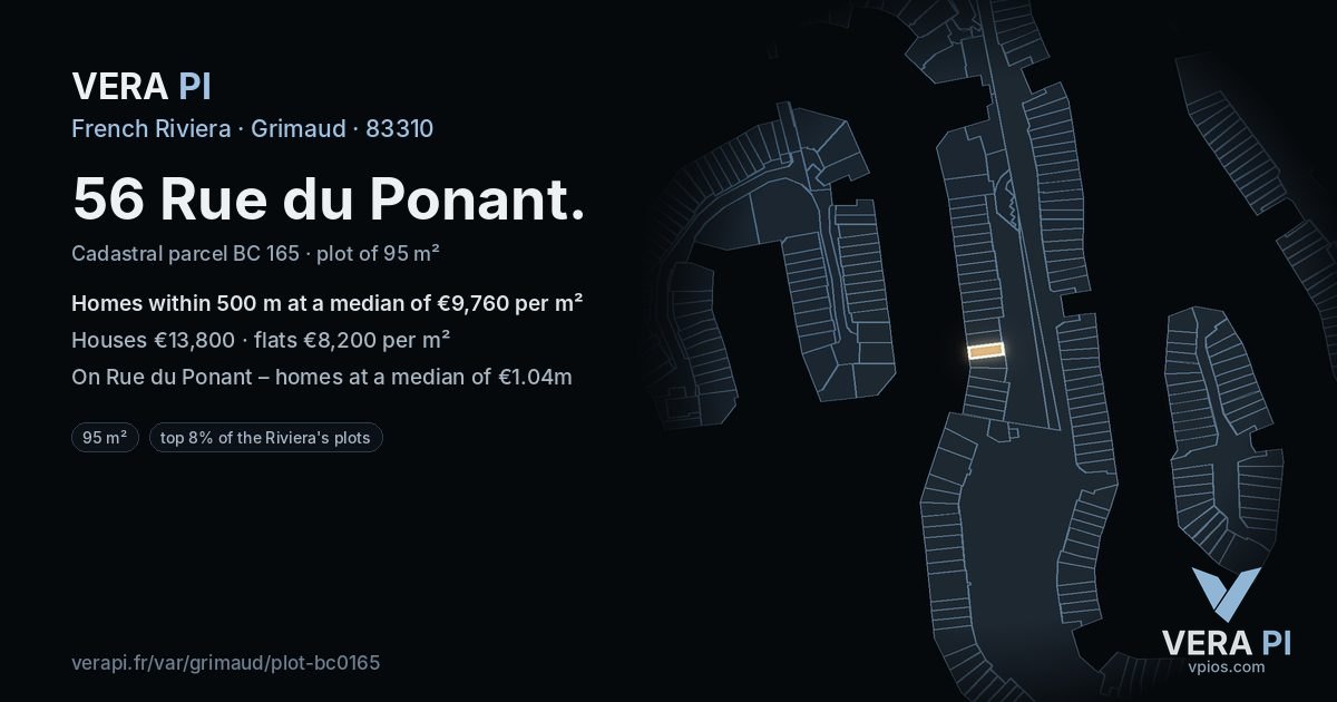 56 Rue du Ponant, Grimaud at night – the plot lit, the parcels around coloured by the prices near them