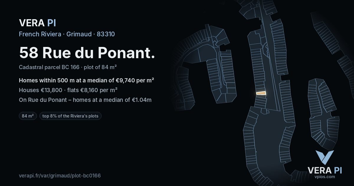 58 Rue du Ponant, Grimaud at night – the plot lit, the parcels around coloured by the prices near them