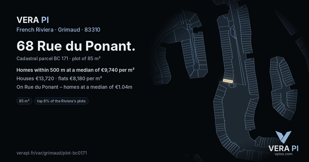 68 Rue du Ponant, Grimaud at night – the plot lit, the parcels around coloured by the prices near them