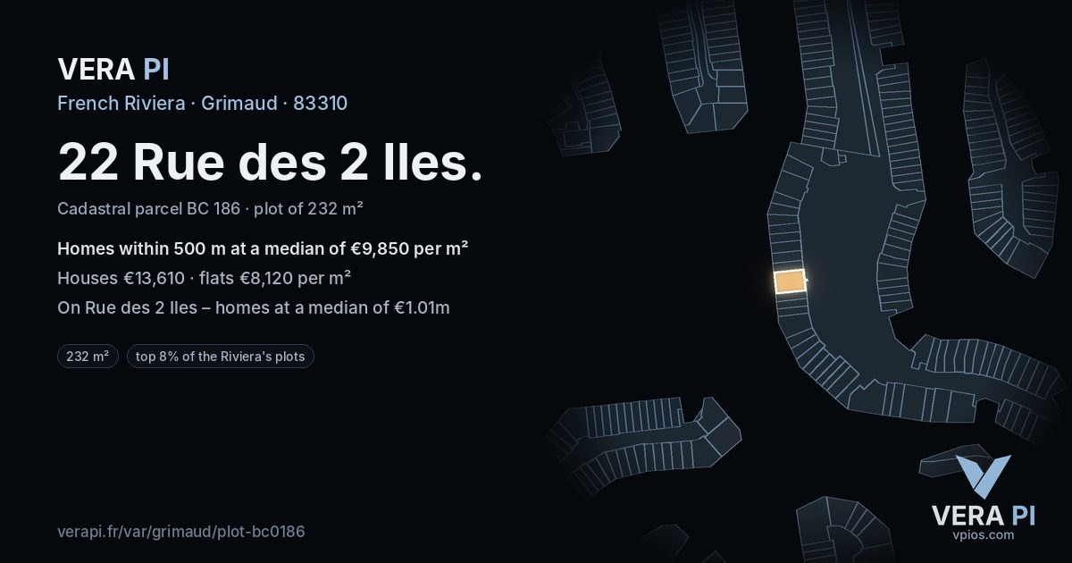 22 Rue des 2 Iles, Grimaud at night – the plot lit, the parcels around coloured by the prices near them