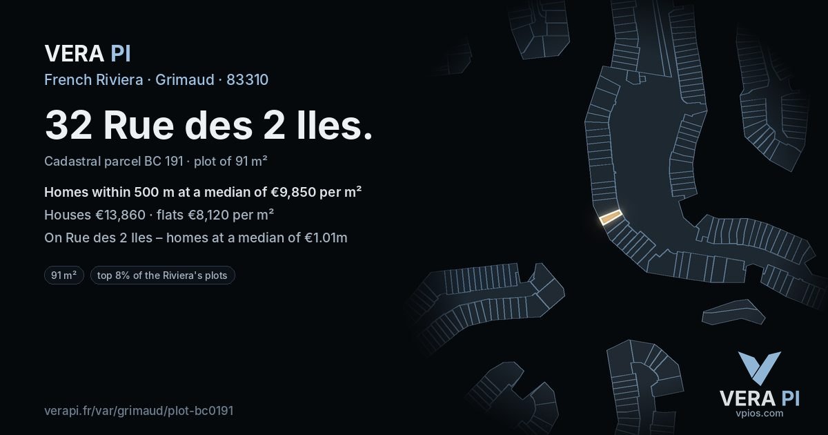32 Rue des 2 Iles, Grimaud at night – the plot lit, the parcels around coloured by the prices near them