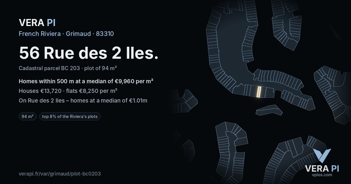 56 Rue des 2 Iles, Grimaud at night – the plot lit, the parcels around coloured by the prices near them