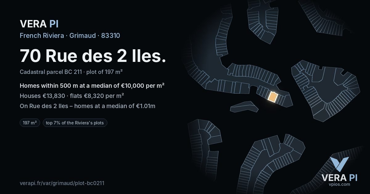 70 Rue des 2 Iles, Grimaud at night – the plot lit, the parcels around coloured by the prices near them