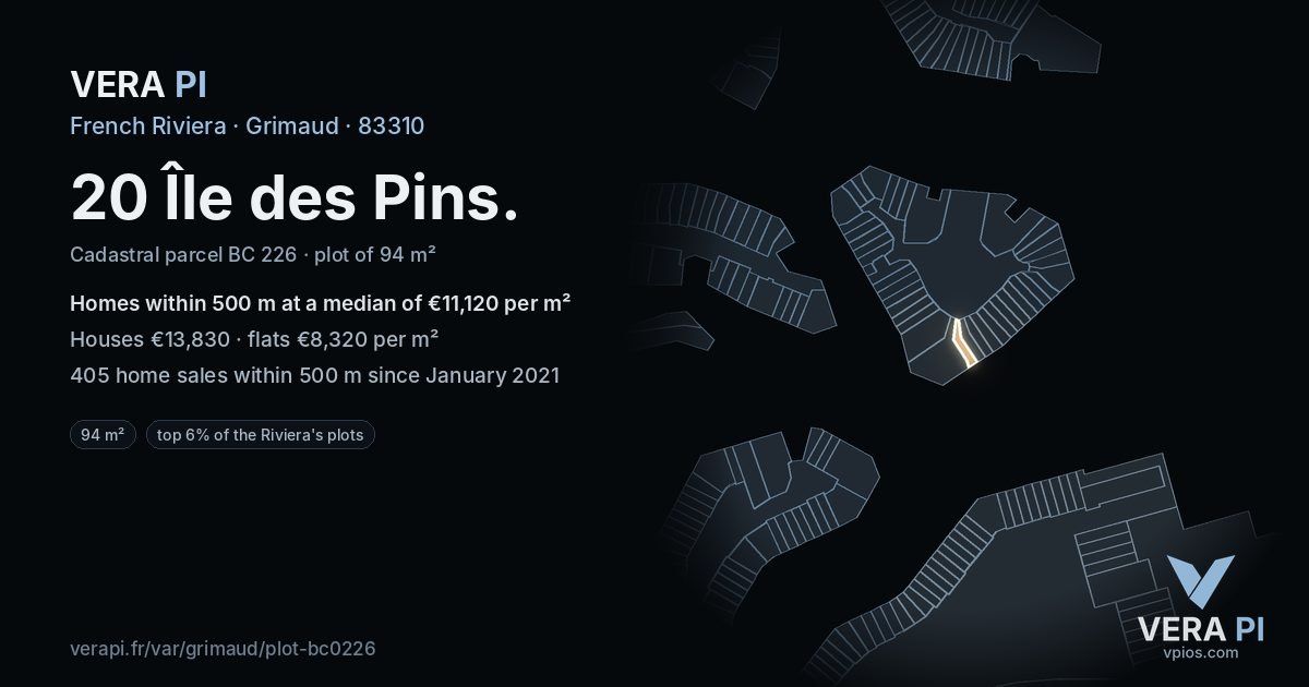 20 Île des Pins, Grimaud at night – the plot lit, the parcels around coloured by the prices near them