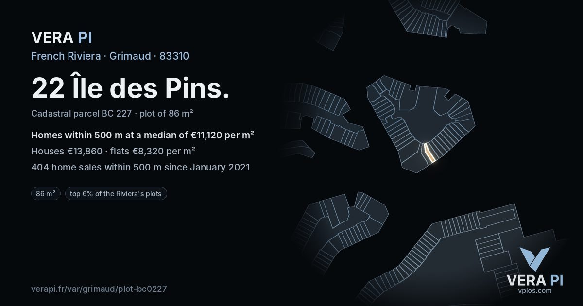 22 Île des Pins, Grimaud at night – the plot lit, the parcels around coloured by the prices near them