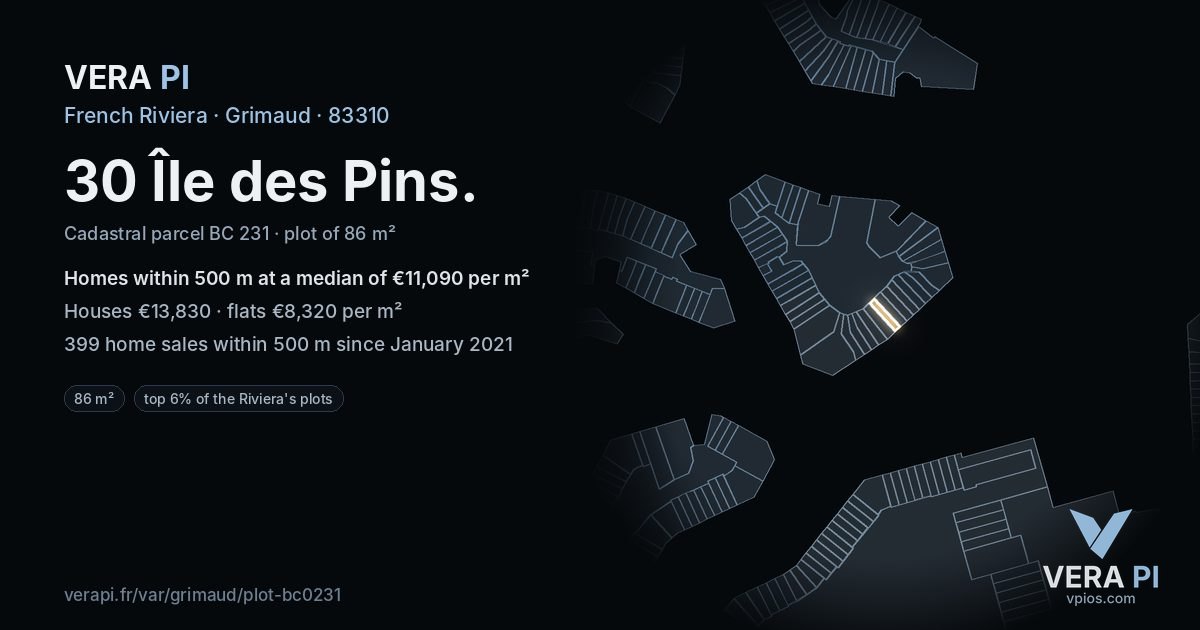30 Île des Pins, Grimaud at night – the plot lit, the parcels around coloured by the prices near them