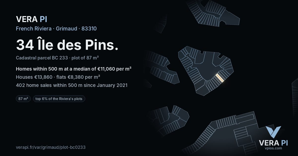 34 Île des Pins, Grimaud at night – the plot lit, the parcels around coloured by the prices near them