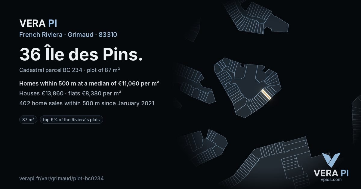 36 Île des Pins, Grimaud at night – the plot lit, the parcels around coloured by the prices near them