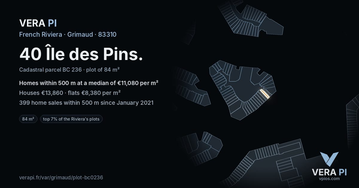 40 Île des Pins, Grimaud at night – the plot lit, the parcels around coloured by the prices near them