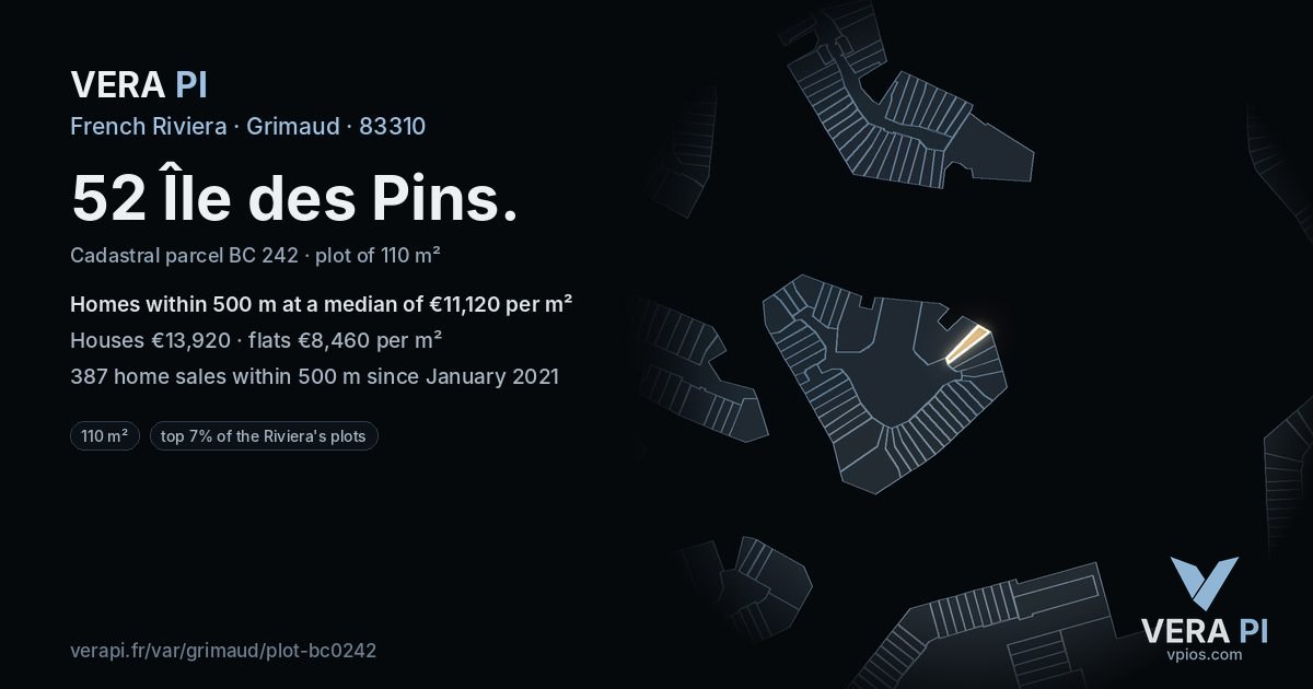 52 Île des Pins, Grimaud at night – the plot lit, the parcels around coloured by the prices near them