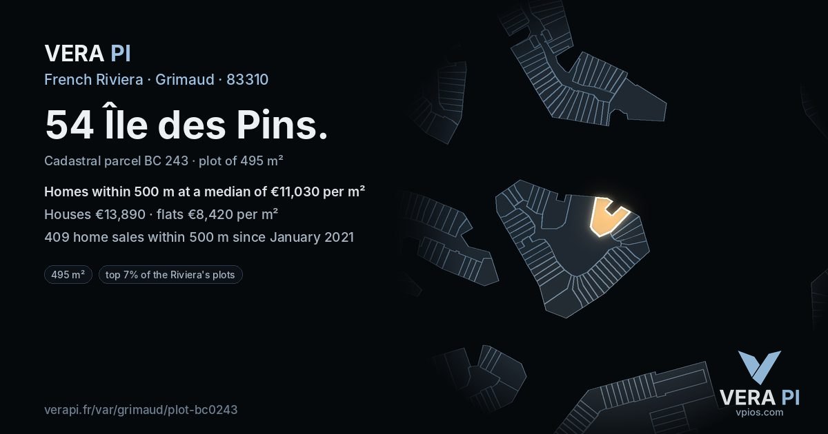 54 Île des Pins, Grimaud at night – the plot lit, the parcels around coloured by the prices near them