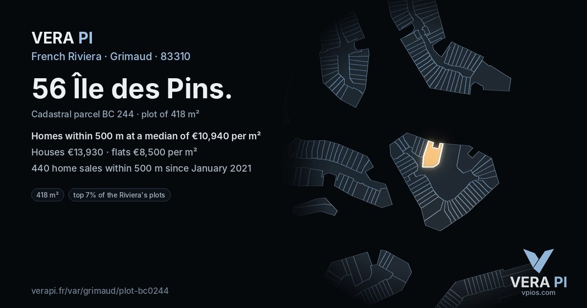 56 Île des Pins, Grimaud at night – the plot lit, the parcels around coloured by the prices near them