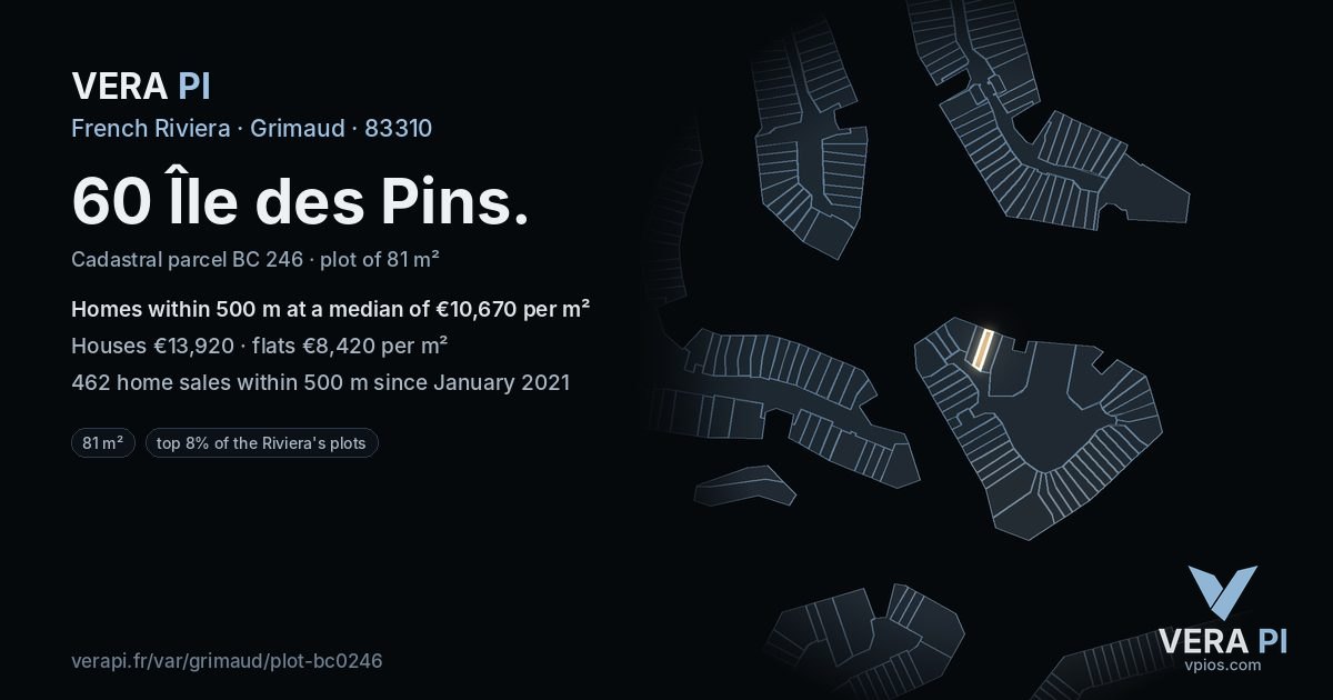60 Île des Pins, Grimaud at night – the plot lit, the parcels around coloured by the prices near them
