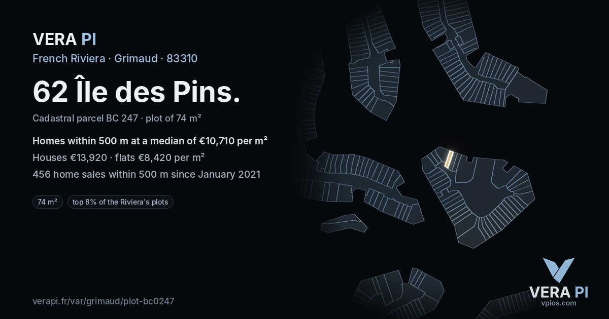62 Île des Pins, Grimaud at night – the plot lit, the parcels around coloured by the prices near them