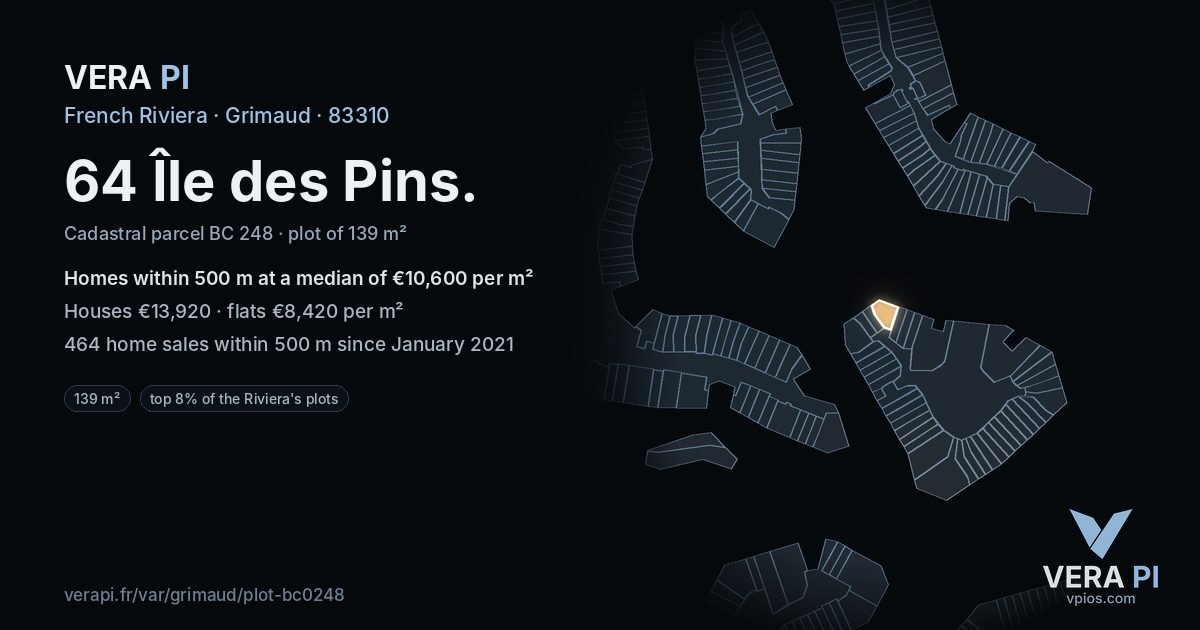 64 Île des Pins, Grimaud at night – the plot lit, the parcels around coloured by the prices near them
